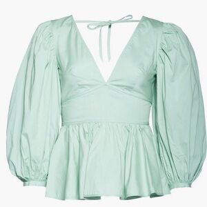 STAUD Mint Green V-Neck Peplum Blouse with Puff Sleeves